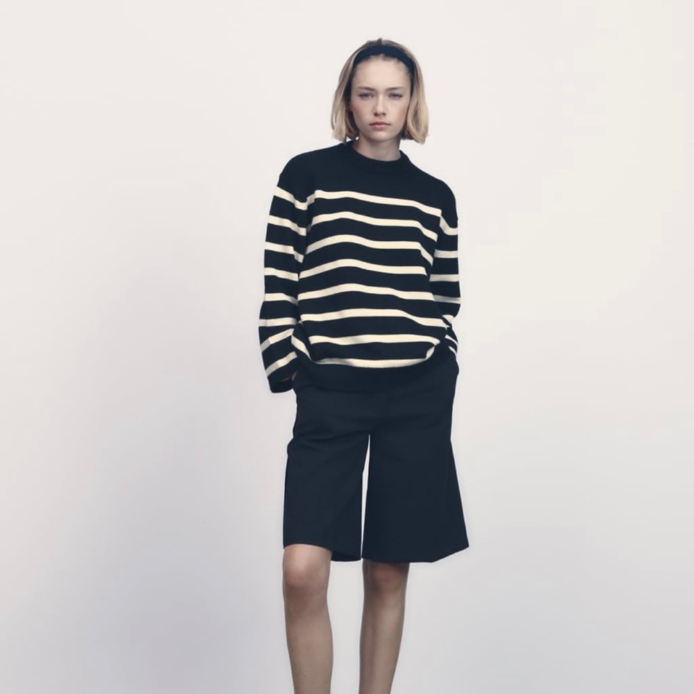 NEW! ZARA Women's Sweater Black Beige Stripe Crew Neck Long Sleeve Nautical Sz S